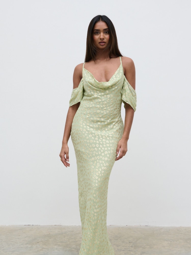 Pretty Lavish Pistachio / Gold Nia Draped Cold Shoulder Maxi Dress - Image 1 of 5