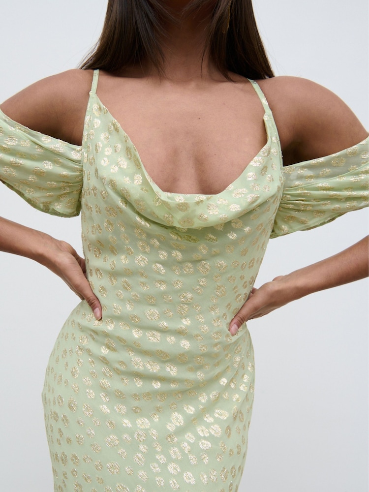 Pretty Lavish Pistachio / Gold Nia Draped Cold Shoulder Maxi Dress - Image 2 of 5