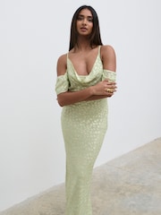Pretty Lavish Pistachio / Gold Nia Draped Cold Shoulder Maxi Dress - Image 3 of 5
