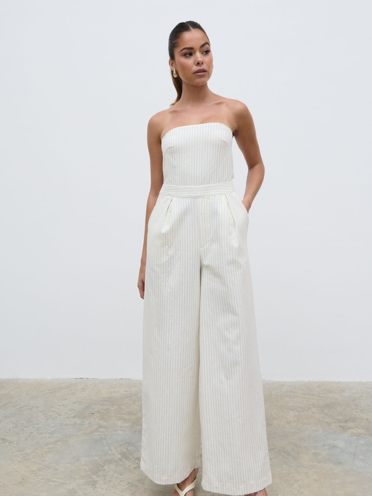 Pretty Lavish Cream Stripe Alita Bandeau 100% Cotton Jumpsuit - Image 1 of 4