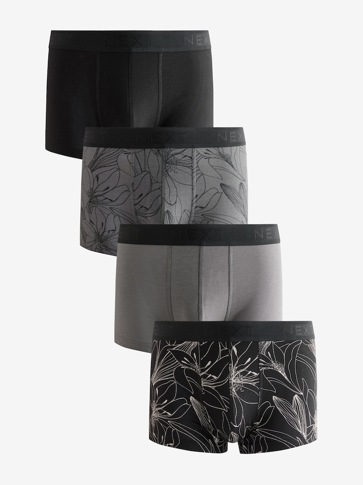Black/White Floral Print Hipsters Boxers 4 Pack - Image 1 of 7