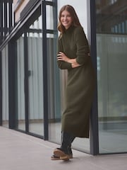 Green Khaki High Neck Long Sleeve Maxi Knitted Jumper Dress - Image 2 of 6