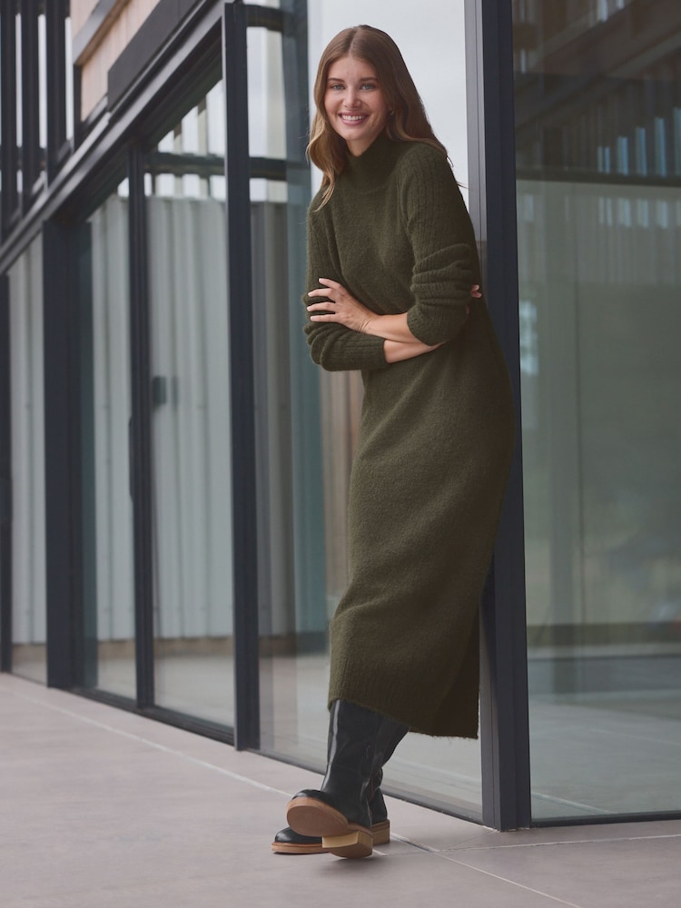 Green Khaki High Neck Long Sleeve Maxi Knitted Jumper Dress - Image 2 of 6