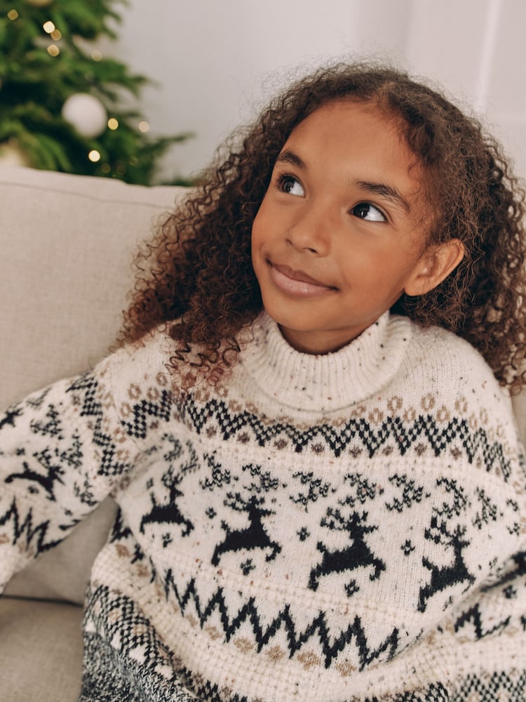 Schwarz/Weiß - Weihnachtlicher Pullover mit Hirschmotiv und Norwegermuster für die ganze Familie (3-16 J.) für Mädchen - Bild 1 von 8 Schwarz/Weiß - Weihnachtlicher Pullover mit Hirschmotiv und Norwegermuster für die ganze Familie (3-16 J.) für Mädchen - Bild 1 von 8