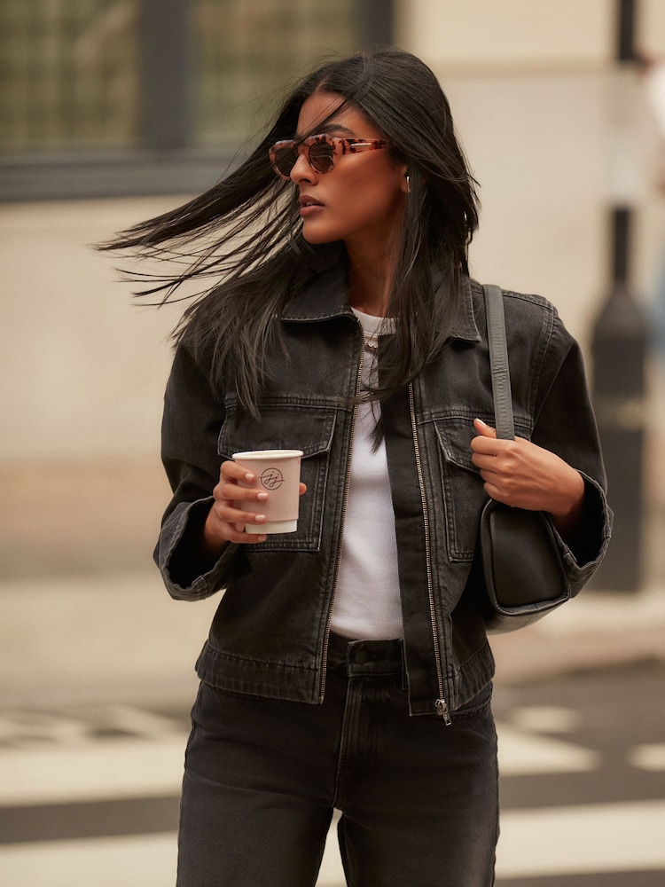Black Clean Zip Front Denim 100% Cotton Jacket - Image 1 of 7