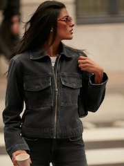 Black Clean Zip Front Denim 100% Cotton Jacket - Image 2 of 7