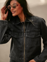 Black Clean Zip Front Denim 100% Cotton Jacket - Image 3 of 7