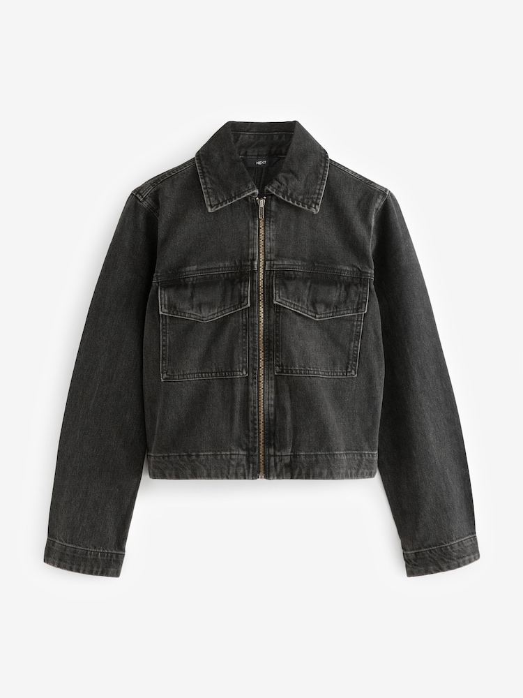 Noir - Clean Denim à fermeture éclair 100Veste en coton - Image 6 of 7