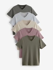 Blue/Green/Pink/Grey Regular Fit 100% Cotton V-Neck Layering T-Shirts 5 Pack - Image 1 of 16