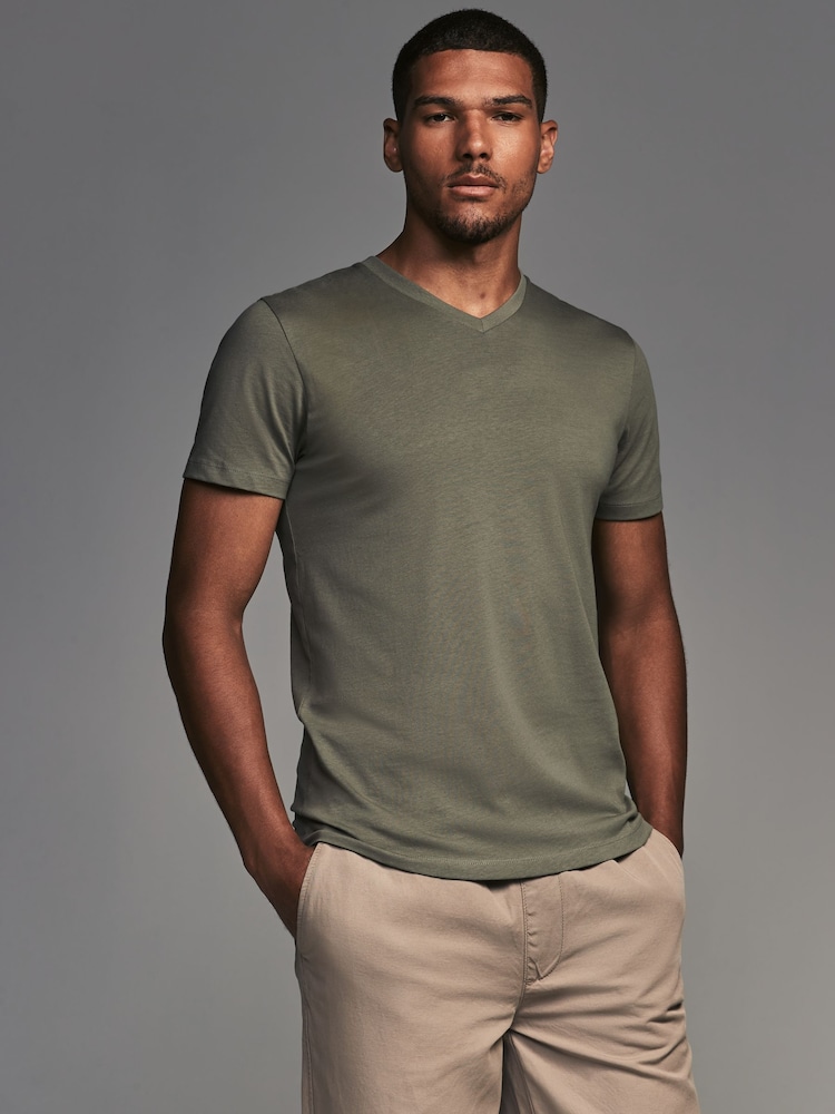 Blue/Green/Pink/Grey Regular Fit 100% Cotton V-Neck Layering T-Shirts 5 Pack - Image 3 of 16