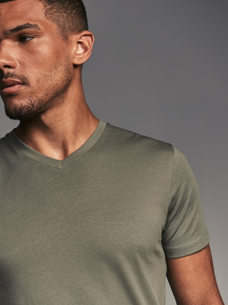 Blue/Green/Pink/Grey Regular Fit 100% Cotton V-Neck Layering T-Shirts 5 Pack - Image 6 of 16