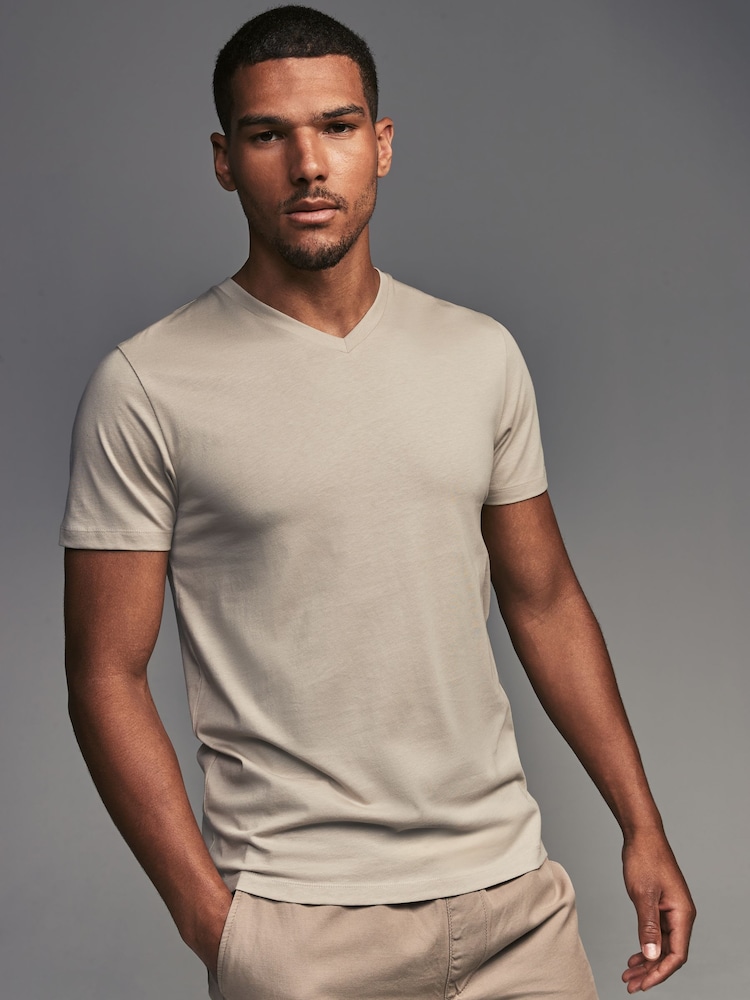 Blue/Green/Pink/Grey Regular Fit 100% Cotton V-Neck Layering T-Shirts 5 Pack - Image 8 of 16