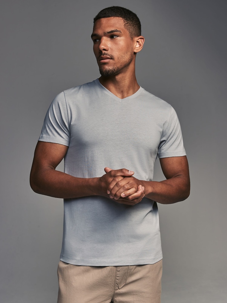 Blue/Green/Pink/Grey Regular Fit 100% Cotton V-Neck Layering T-Shirts 5 Pack - Image 9 of 16