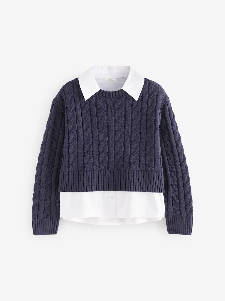 Navy Mock 100% Cotton Shirt Jumper (3-16yrs) - Image 1 of 4