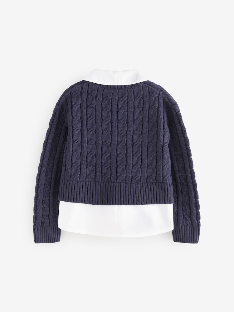 Navy Mock 100% Cotton Shirt Jumper (3-16yrs) - Image 2 of 4