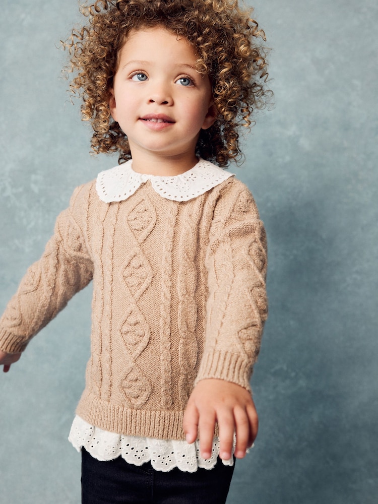Tan Brown Collar Cable 100% Cotton Jumper (3mths-7yrs) - Image 1 of 8 Tan Brown Collar Cable 100% Cotton Jumper (3mths-7yrs) - Image 1 of 8