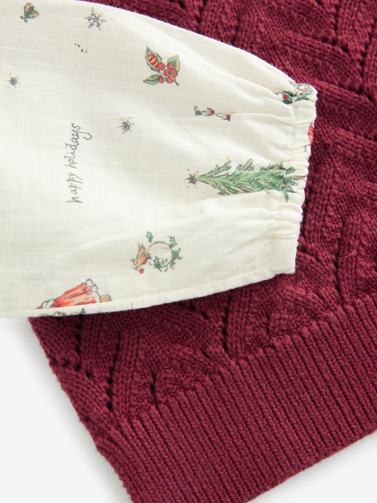 Burgundy Christmas Print Woven Sleeve 100% Cotton Jumper (3mths-7yrs) - Image 8 of 8