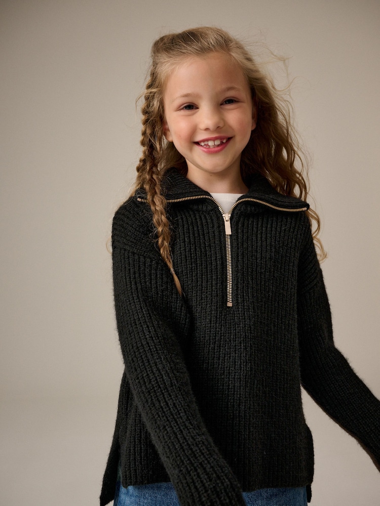 Black Zip Neck Jumper (3-16yrs) - Image 1 of 7 Black Zip Neck Jumper (3-16yrs) - Image 1 of 7