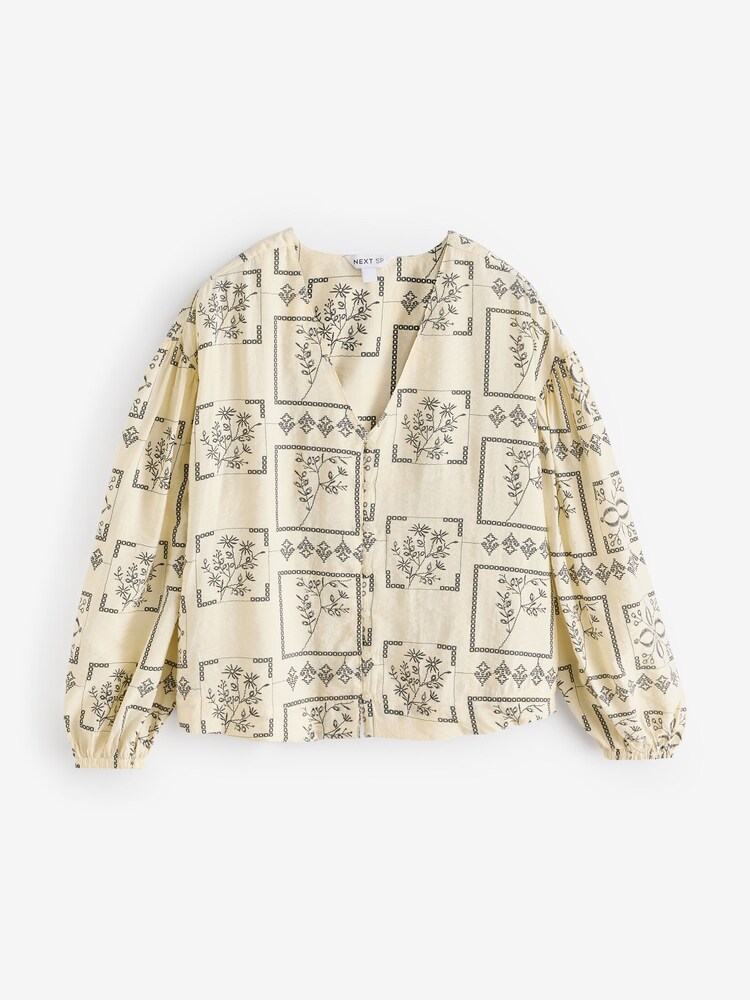 Cream Deep V-Neck Long Blouse - Image 1 of 1 Cream Deep V-Neck Long Blouse - Image 1 of 1