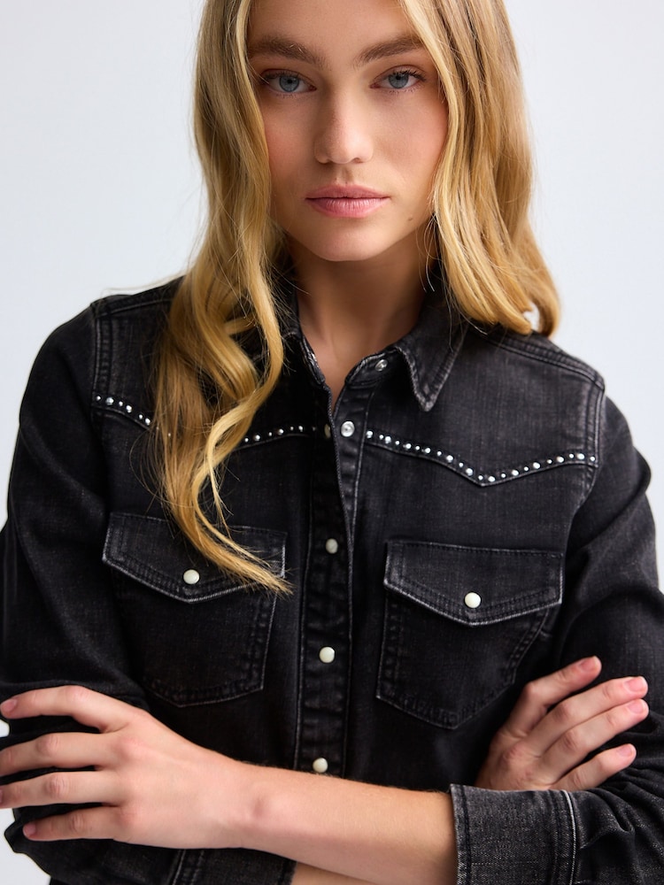 Noir clouté - Chemise occidentale ajustée avec coutures Denim - Image 1 of 8