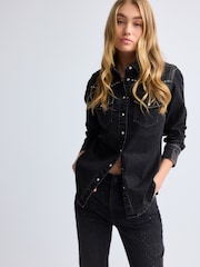 Noir clouté - Chemise occidentale ajustée avec coutures Denim - Image 2 of 8
