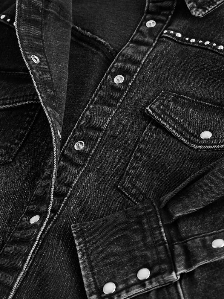 Noir clouté - Chemise occidentale ajustée avec coutures Denim - Image 7 of 8