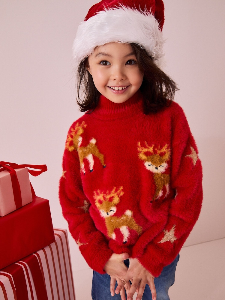 Rot - Flauschiger Rentier-Pullover (3-16Jahre) (3-16Jahre) - Bild 1 von 8 Rot - Flauschiger Rentier-Pullover (3-16Jahre) (3-16Jahre) - Bild 1 von 8