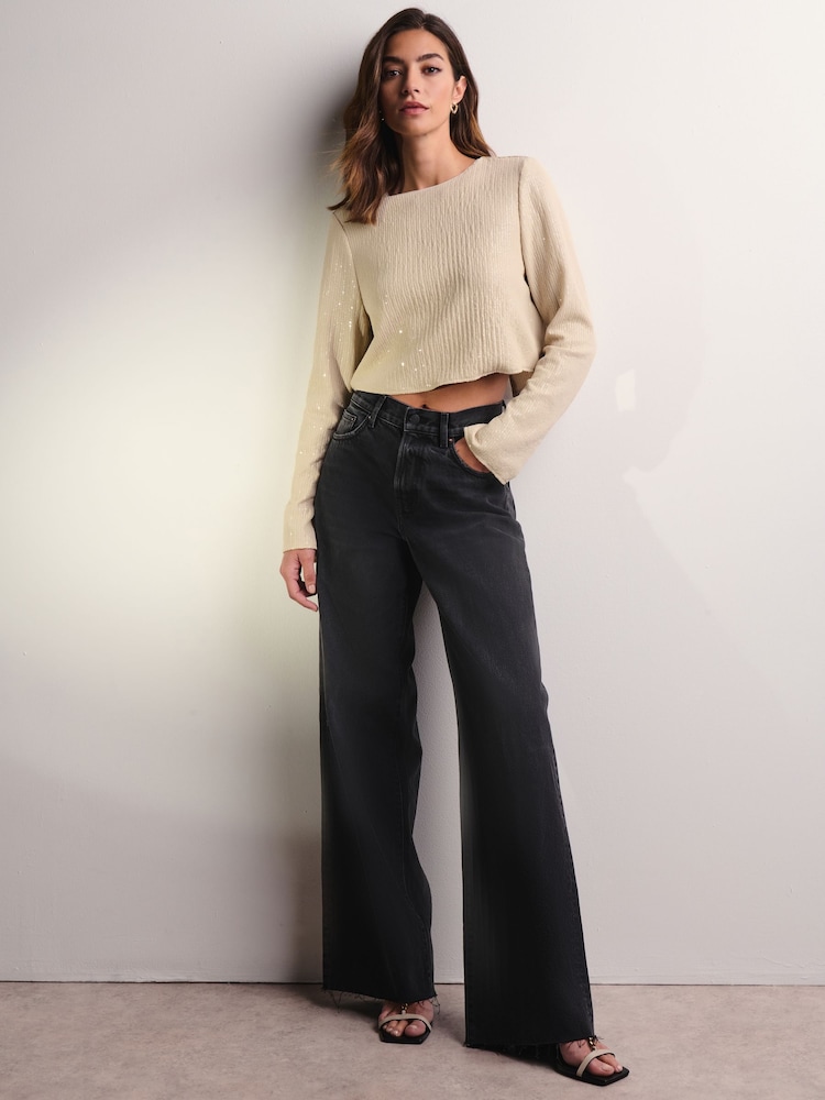 Washed Black Rigid Wide Leg 100% Cotton Jeans - Image 1 of 7
