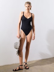 French Connection Black/Gold Tummy Control Sparkle Metallic Cupped Swimsuit - Image 1 of 4