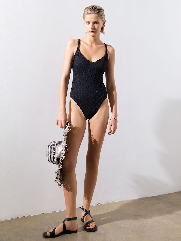 French Connection Black/Gold Tummy Control Sparkle Metallic Cupped Swimsuit - Image 1 of 4