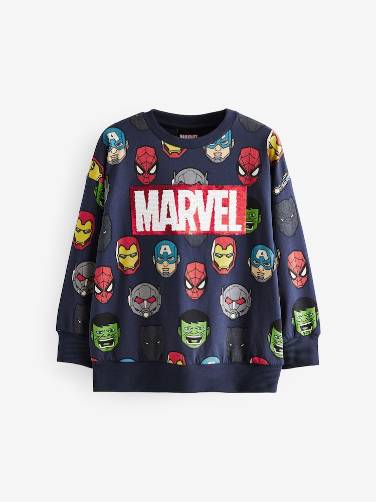 Navy Blue 100% Cotton License Marvel Flip Sequin Long Sleeve T-Shirt (3-16yrs) - Image 1 of 4