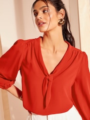 Friends Like These Red Petite V Neck Bow Front 3/4 Sleeve Blouse - Image 2 of 4
