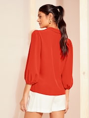 Friends Like These Red Petite V Neck Bow Front 3/4 Sleeve Blouse - Image 4 of 4