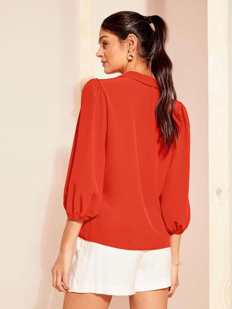 Friends Like These Red Petite V Neck Bow Front 3/4 Sleeve Blouse - Image 4 of 4
