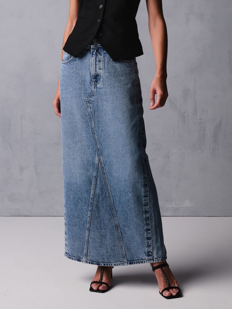 Dark Blue Studded Maxi Denim 100% Cotton Skirt - Image 1 of 7