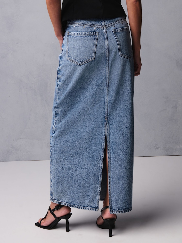 Dark Blue Studded Maxi Denim 100% Cotton Skirt - Image 2 of 7