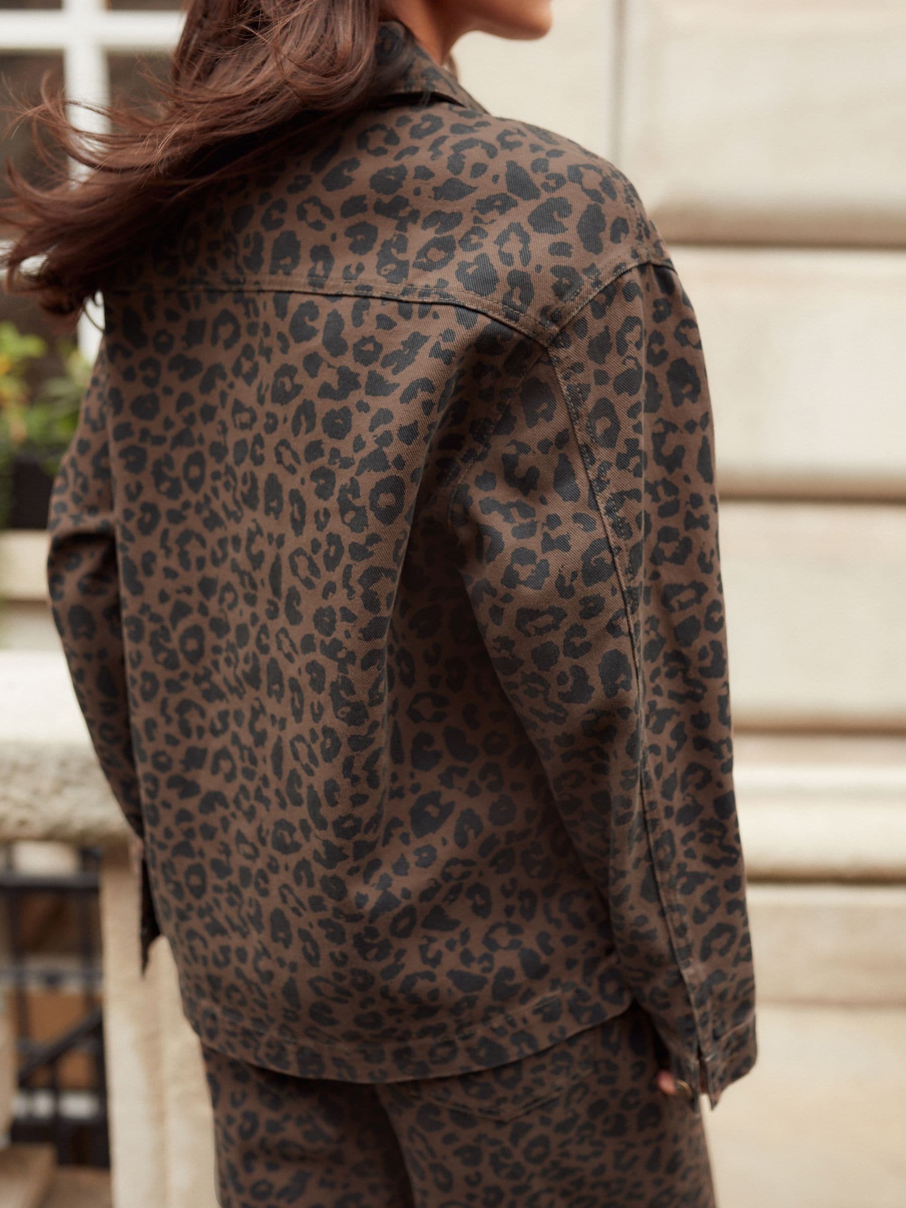 Buy Leopard Print 100% Cotton Worker Pocket Denim Jacket