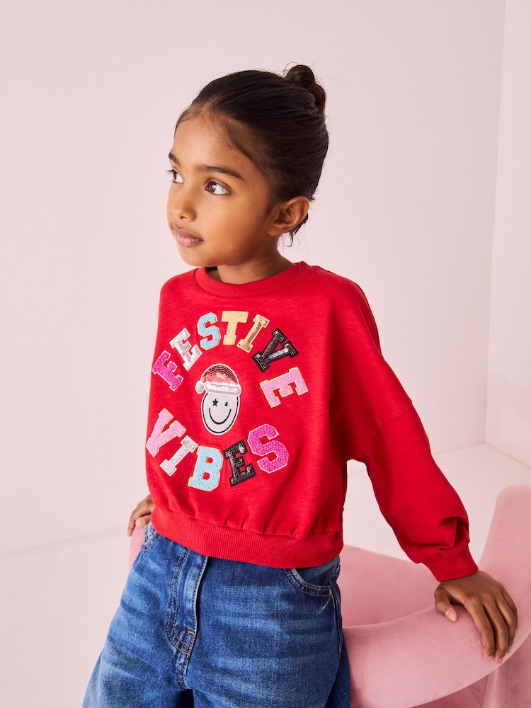 Red Sequin Christmas Long Sleeve 100% Cotton T-Shirt (3-16yrs) - Image 1 of 3
