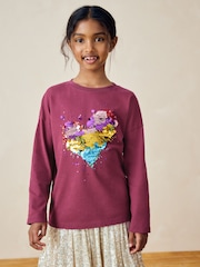 Plum Purple 100% Cotton Sequin Heart Long Sleeve T-Shirt (3-16yrs) - Image 1 of 7
