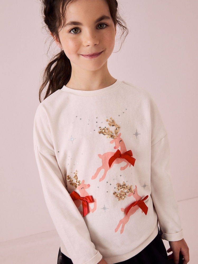 Ecru Sequin Christmas Long Sleeve 100% Cotton T-Shirt (3-16yrs) - Image 1 of 7
