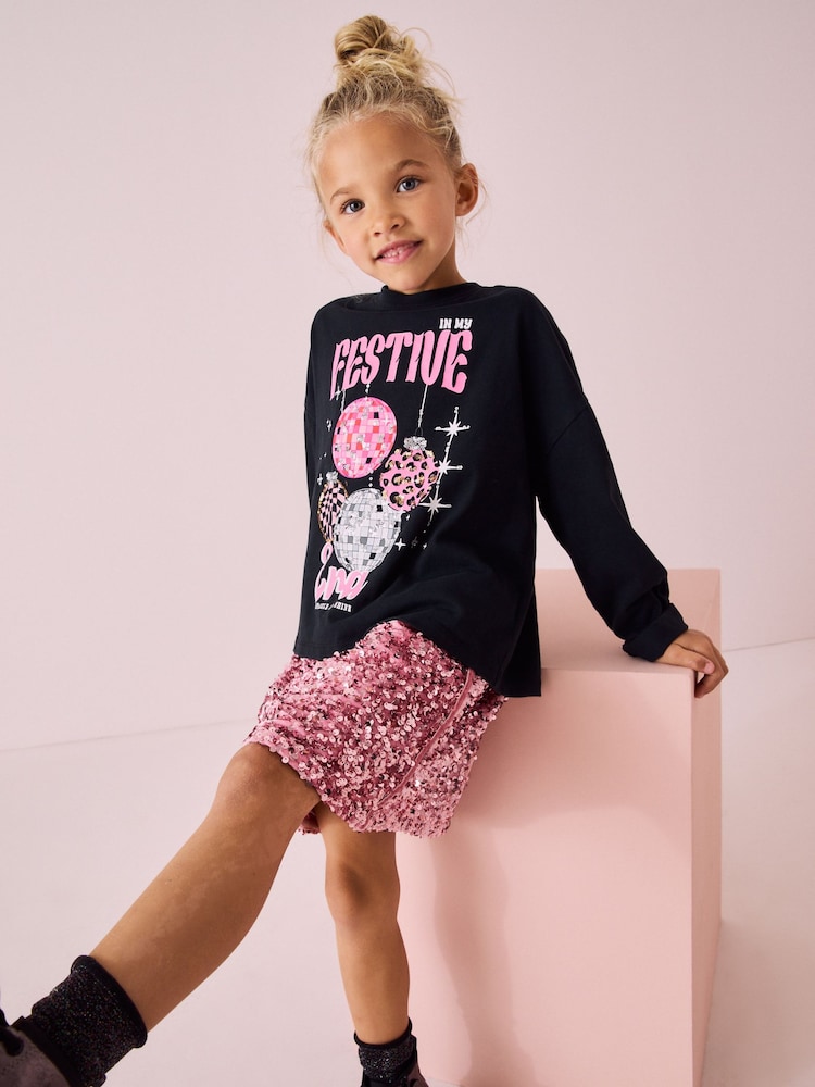 Black Sequin Christmas Long Sleeve 100% Cotton T-Shirt (3-16yrs) - Image 2 of 9
