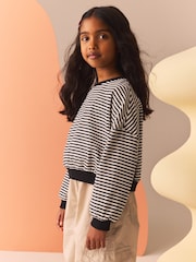 Black/White Stripe Print 100% Cotton Boxy Long Sleeve Sweatshirt (3-16yrs) - Image 4 of 8