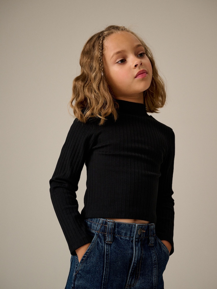 Black High Neck Rib Top (3-16yrs) - Image 2 of 8 Black High Neck Rib Top (3-16yrs) - Image 2 of 8