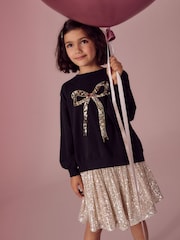 Black/Gold Sequin Bow Long Sleeve Wrap Back 100% Cotton Top (3-16yrs) - Image 2 of 4