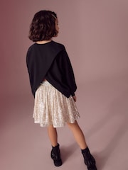 Black/Gold Sequin Bow Long Sleeve Wrap Back 100% Cotton Top (3-16yrs) - Image 3 of 4