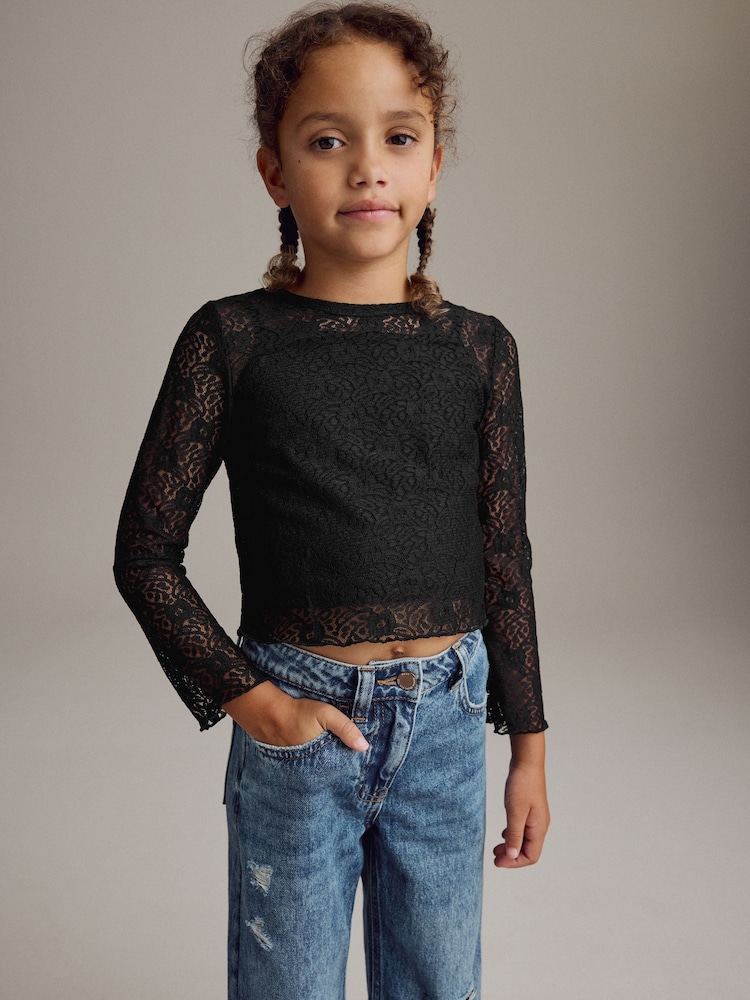 Black 100% Cotton Lace Top with Vest (3-16yrs) - Image 1 of 8 Black 100% Cotton Lace Top with Vest (3-16yrs) - Image 1 of 8