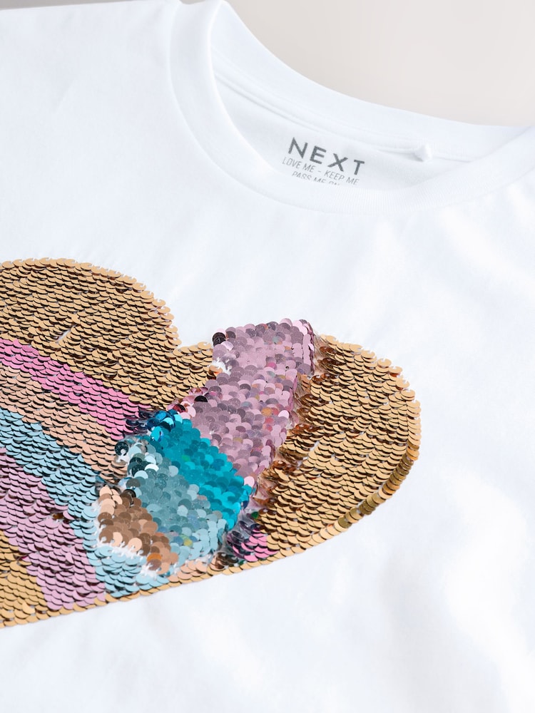 White Pastel Rainbow Sequin Heart Print T-Shirt (3-16yrs) - Image 3 of 4