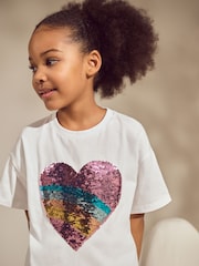 White Pastel Rainbow Sequin Heart Print T-Shirt (3-16yrs) - Image 8 of 8