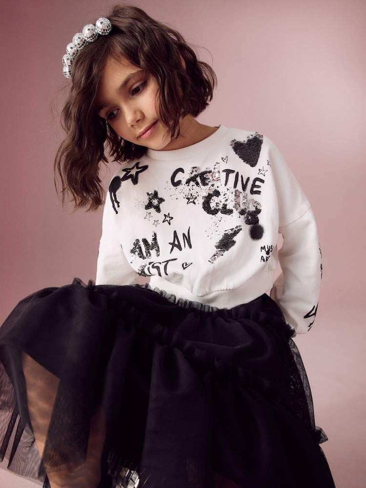 Ecru Sequin Graffiti 100% Cotton Sweatshirt (3-16yrs) - Image 1 of 11 Ecru Sequin Graffiti 100% Cotton Sweatshirt (3-16yrs) - Image 1 of 11
