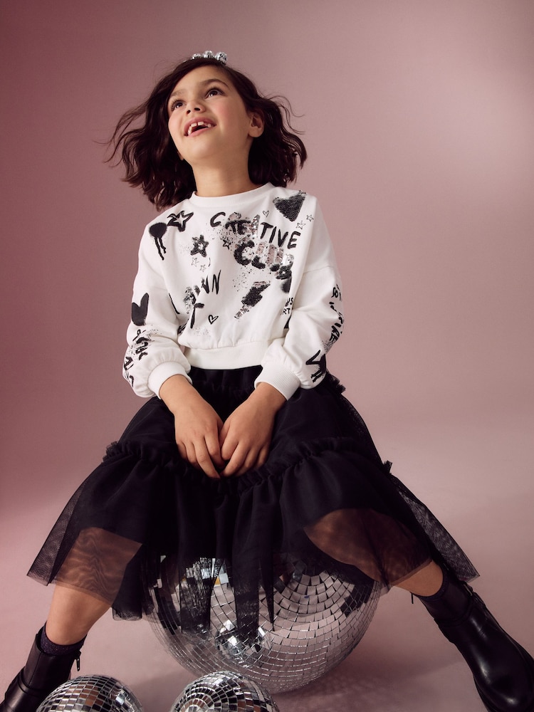 Ecru Sequin Graffiti 100% Cotton Sweatshirt (3-16yrs) - Image 2 of 11 Ecru Sequin Graffiti 100% Cotton Sweatshirt (3-16yrs) - Image 2 of 11